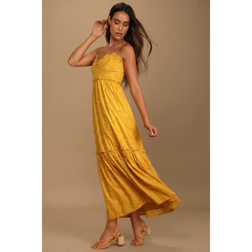 Lulus Charm And Charisma Mustard Yellow Burnout Floral Midi Dress - Size XS